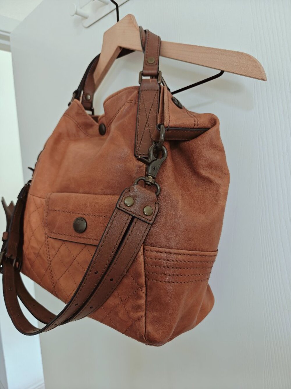 Frye Samantha Quilted Cognac Leather Tote Satchel Shoulder Bag - Picture 4 of 16